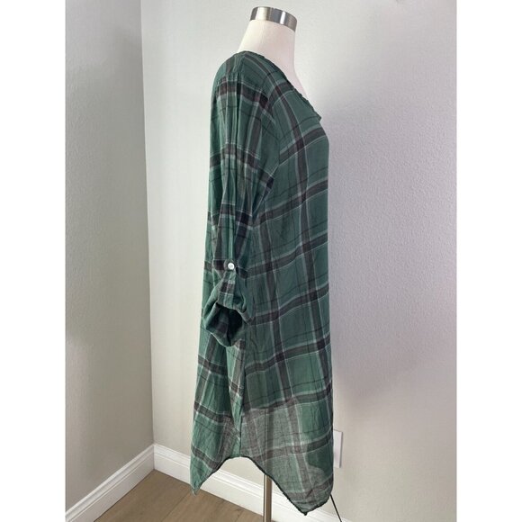 SAGA Made in Italy Tunic Top OS Green Plaid Roll Tab Sleeve Shirt Lagenlook Boho - Picture 2 of 12